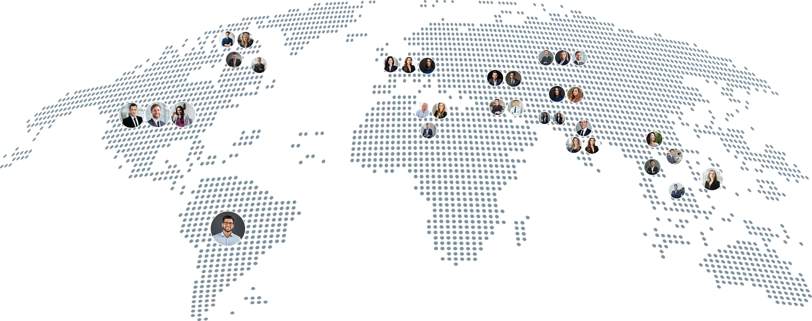 Stylized world map with clusters of professional headshots of diverse individuals placed on various continents.